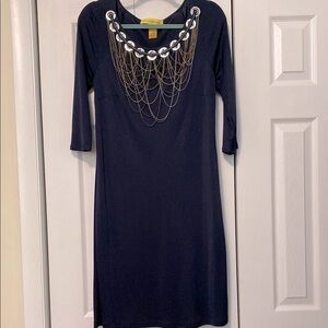 Catherine Malandrino Vintage Blue Silk Dress with Metallic Neck Detail Large